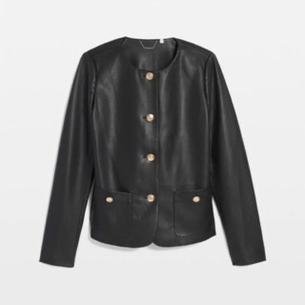 NWT Chico’s Black Faux Leather Jacket Gold Buttons Size L Modern Elegance